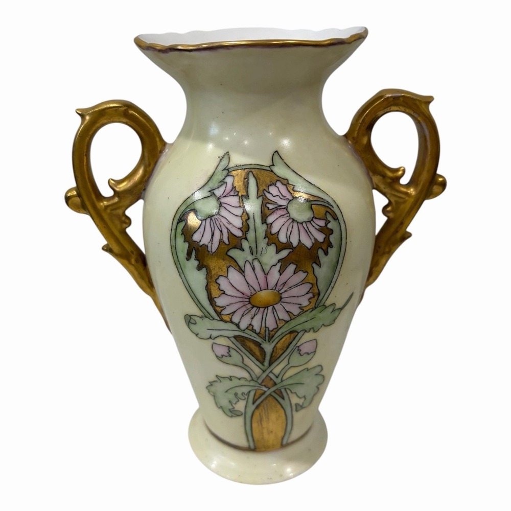 Limoges Vase Hand Painted Floral Daisies Gold Gilded Trim Vintage 8" Tall
